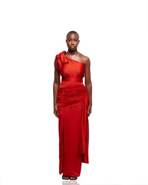 JIBBS CRIMSON DRAPE ON-SHOULDER GOWN